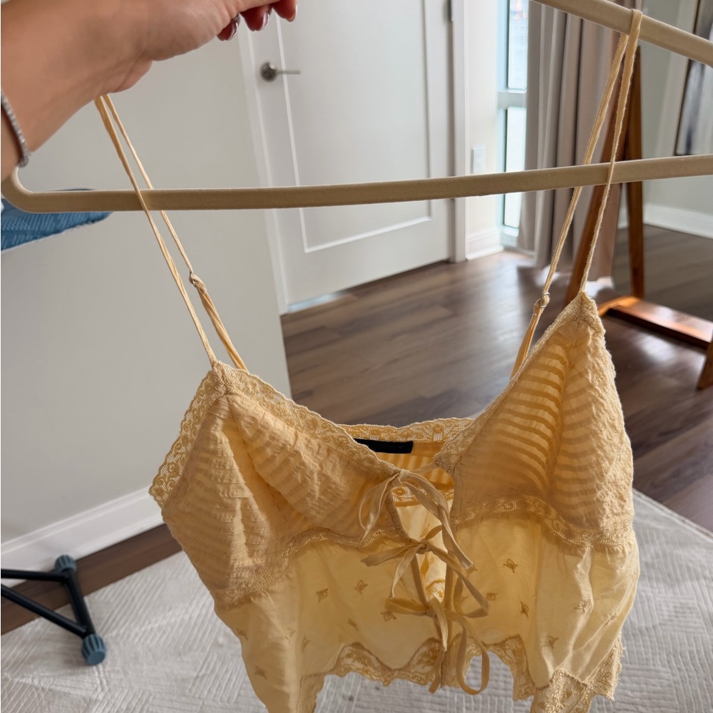 Zara Pale Yellow Lace-Trim Satin Camisole with Tie Front
